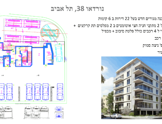 תוכנית אדריכלית והדמיה של פרויקט תמא 38 ברחוב נורדאו 38 בתל אביב הכוללת פתרונות חניה מתקדמים שרטוט הנדסי של מערך החניה והדמיה תלת ממדית של מבנה מגורים חדש בן שש קומות עם עשרים ושתיים דירות. התמונה מציגה פריסה של פתרונות חניה הכוללים מתקנים חצי אוטומטיים בשני מפלסים תת קרקעיים ומתקן אוטומטי עם פלטת סיבוב ומכפיל חניה לסידור חמישה עשר רכבים לצד טקסט המפרט את שם האדריכלית פרופסור ניצה סמוק וציון סטטוס הפרויקט הנמצא בשלב ביצוע.