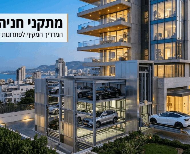התמונה מציגה מתקני חניה לרכב מתקדמים המשלב מכוניות במפלסים שונים, על רקע נוף עירוני מודרני מרהיב.