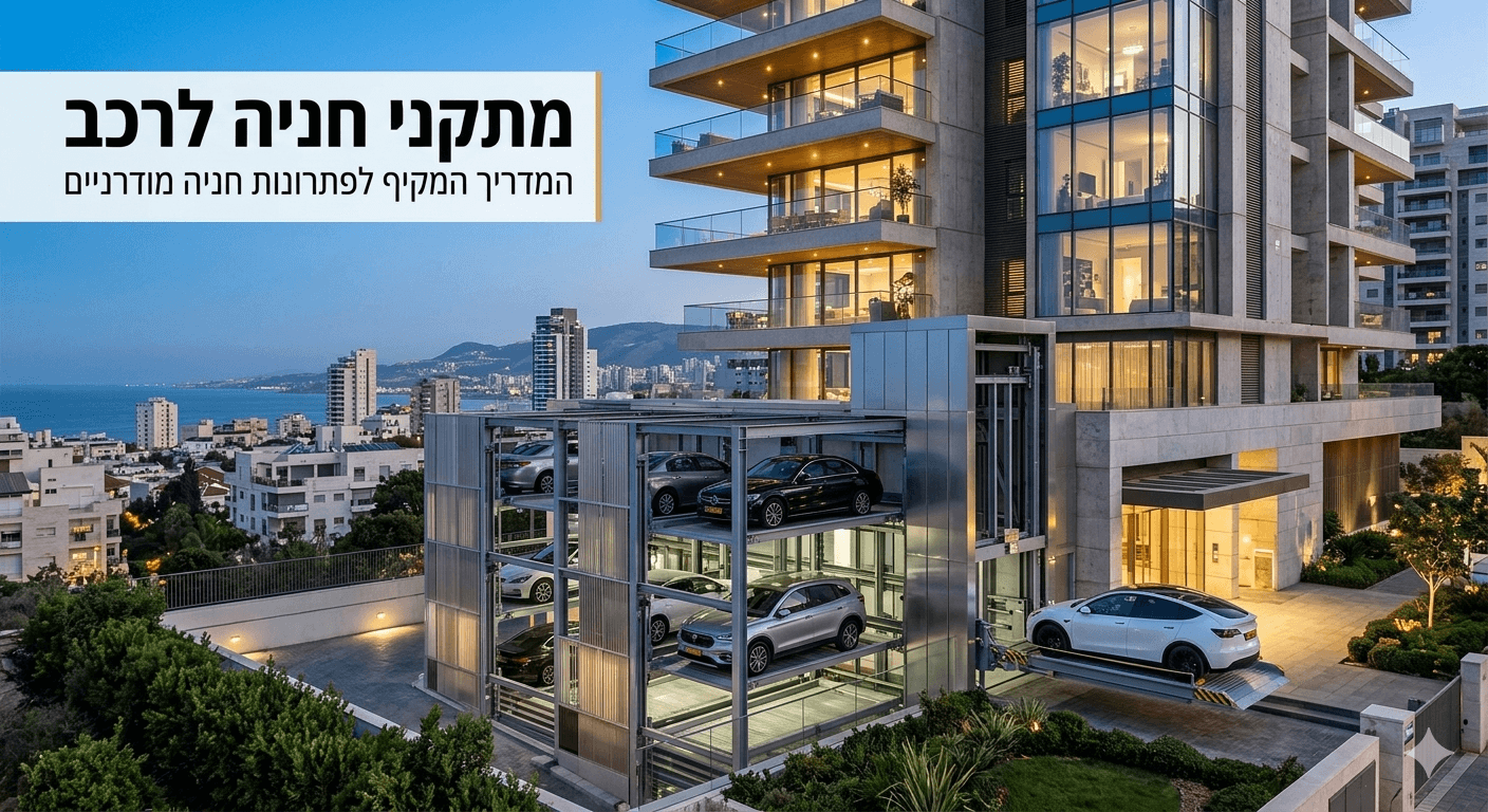 התמונה מציגה מתקני חניה לרכב מתקדמים המשלב מכוניות במפלסים שונים, על רקע נוף עירוני מודרני מרהיב.