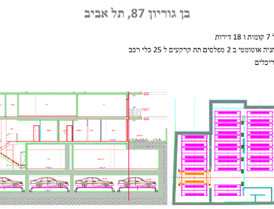 תוכנית אדריכלית מפורטת לפרויקט מגורים ברחוב בן גוריון 87 בתל אביב הכוללת שרטוט חתך של מבנה בן שבע קומות עם שמונה עשרה דירות ותוכנית פריסה של מתקן חניה אוטומטי בשני מפלסים תת קרקעיים המיועד לעשרים וחמישה כלי רכב. התמונה מציגה את מבנה החניון עם רכבים על פלטפורמות ודיאגרמה של סידור החניה לצד טקסט המפרט את שם משרד האדריכלים בר אוריין וסטטוס הפרויקט הנמצא בשלב ביצוע.