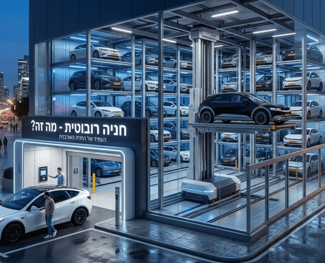 תמונה המציגה הדמיה אדריכלית מתקדמת של מערכת חניה רובוטית אוטומטית הממוקמת בלב עיר מודרנית בשעת ערב. המערכת שוכנת במבנה זכוכית שקוף, המדגיש את הטכנולוגיה, ובו חונים רכבים רבים במספר קומות על גבי פלטפורמות נעות. רכב חשמלי לבן מדגם טסלה מודל Y חונה בכניסה למתקן, כשעובר אורח מתפעל מהמערכת ומביט לכיוונה. בחזית המבנה מוצב שלט מואר ועליו הכיתוב בעברית 