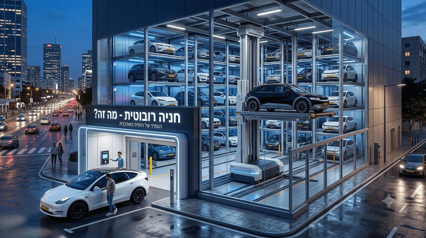 תמונה המציגה הדמיה אדריכלית מתקדמת של מערכת חניה רובוטית אוטומטית הממוקמת בלב עיר מודרנית בשעת ערב. המערכת שוכנת במבנה זכוכית שקוף, המדגיש את הטכנולוגיה, ובו חונים רכבים רבים במספר קומות על גבי פלטפורמות נעות. רכב חשמלי לבן מדגם טסלה מודל Y חונה בכניסה למתקן, כשעובר אורח מתפעל מהמערכת ומביט לכיוונה. בחזית המבנה מוצב שלט מואר ועליו הכיתוב בעברית 