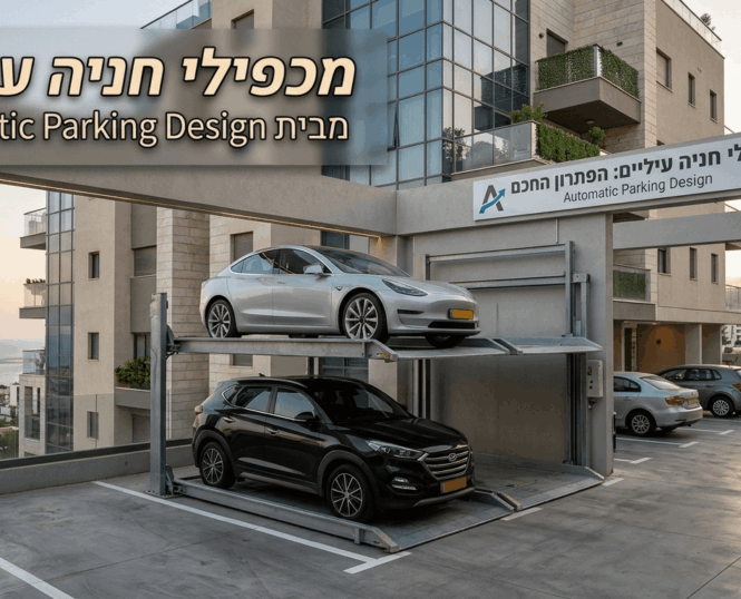 תמונה של מכפילי חניה עיליים בחניון של בניין מגורים מודרני מול נוף לים, המציגה מתקן הרמה מכני דו מפלסי עם רכב טסלה כסוף במפלס העליון ורכב פנאי שחור במפלס התחתון, לצד שלט של חברת Automatic Parking Design.