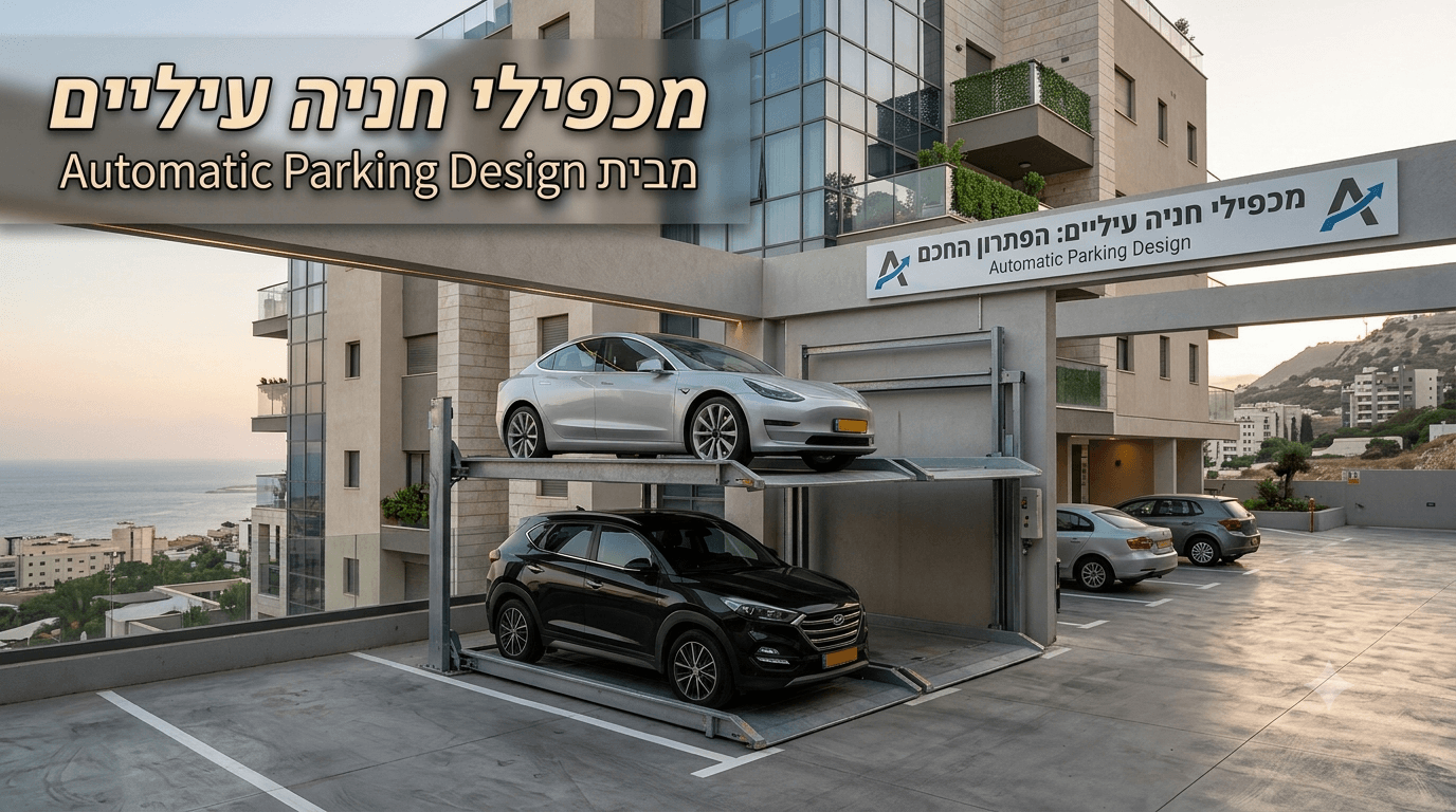 תמונה של מכפילי חניה עיליים בחניון של בניין מגורים מודרני מול נוף לים, המציגה מתקן הרמה מכני דו מפלסי עם רכב טסלה כסוף במפלס העליון ורכב פנאי שחור במפלס התחתון, לצד שלט של חברת Automatic Parking Design.